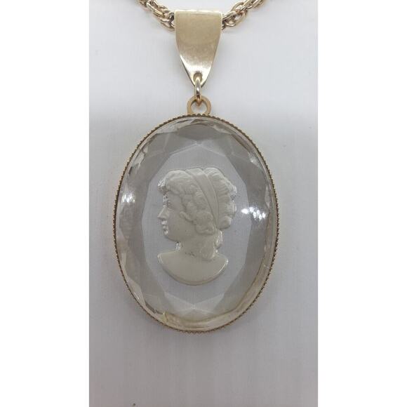 Vintage Intaglio Reverse Engraved Cameo Necklace Rope Chain Faceted Pendant 1970 - Picture 4 of 12